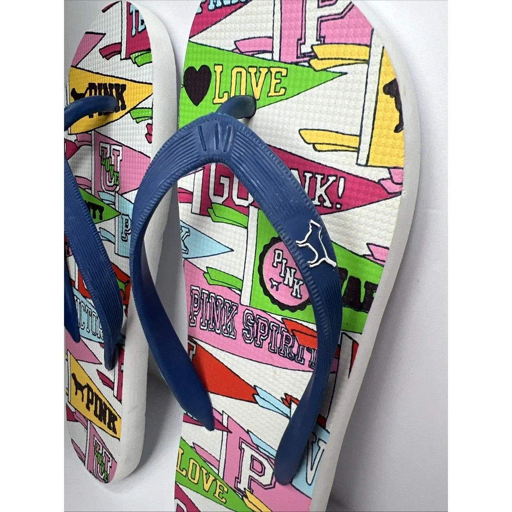 Victoria's Secret PINK Flip Flops Large Collegiate Pennant Love Spirit New